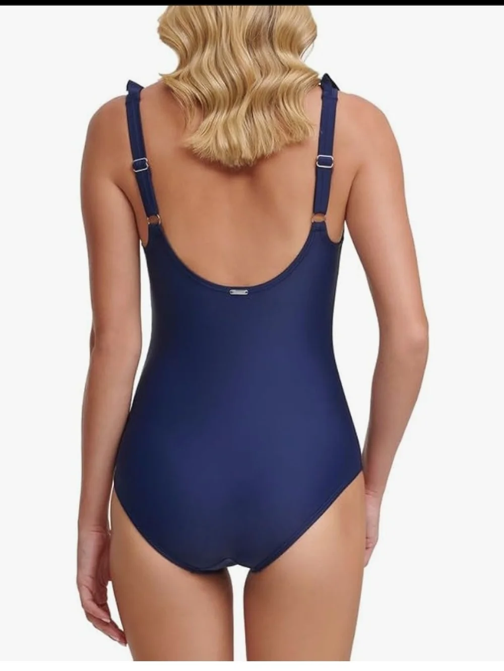 DKNY Navy Ruffled V‑Neck One‑Piece Swimsuit - Picture 2 of 4